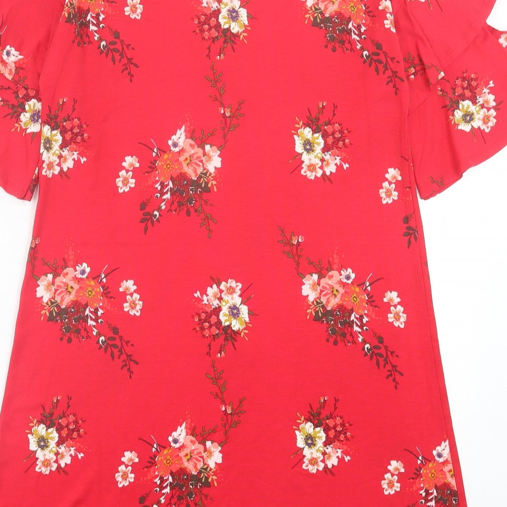 George Womens Red Floral Viscose A-Line Size 10 Crew Neck Pullover - Frill Sleeves