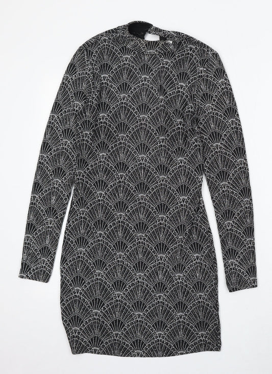 Divided by H&M Womens Black Geometric Polyester Bodycon Size 14 Round Neck Hook & Eye