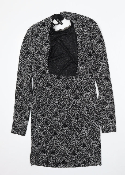 Divided by H&M Womens Black Geometric Polyester Bodycon Size 14 Round Neck Hook & Eye