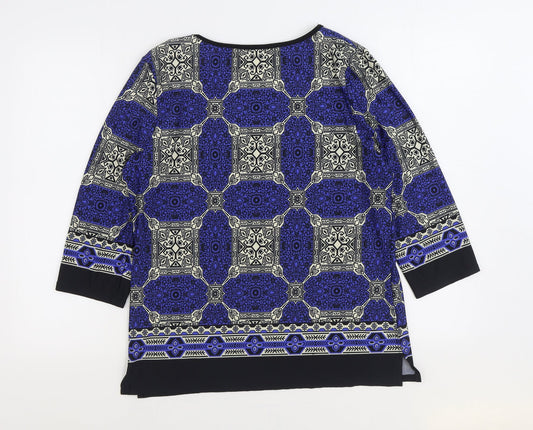 Alexara Womens Blue Geometric Polyester Basic Blouse Size 14 Scoop Neck
