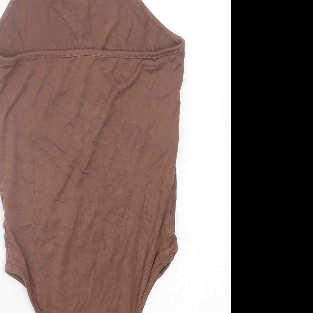 SheIn Womens Brown Viscose Bodysuit One-Piece Size S Snap - Tie Neck