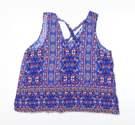 George Womens Blue Geometric Polyester Basic Tank Size 10 V-Neck