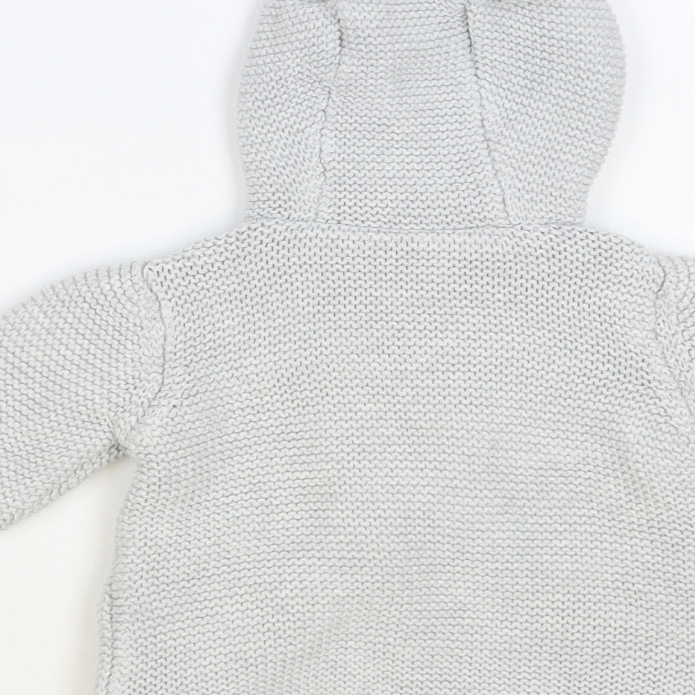 Marks and Spencer Baby Grey Cotton Cardigan Jumper Size 6-9 Months Button - Bear Hood