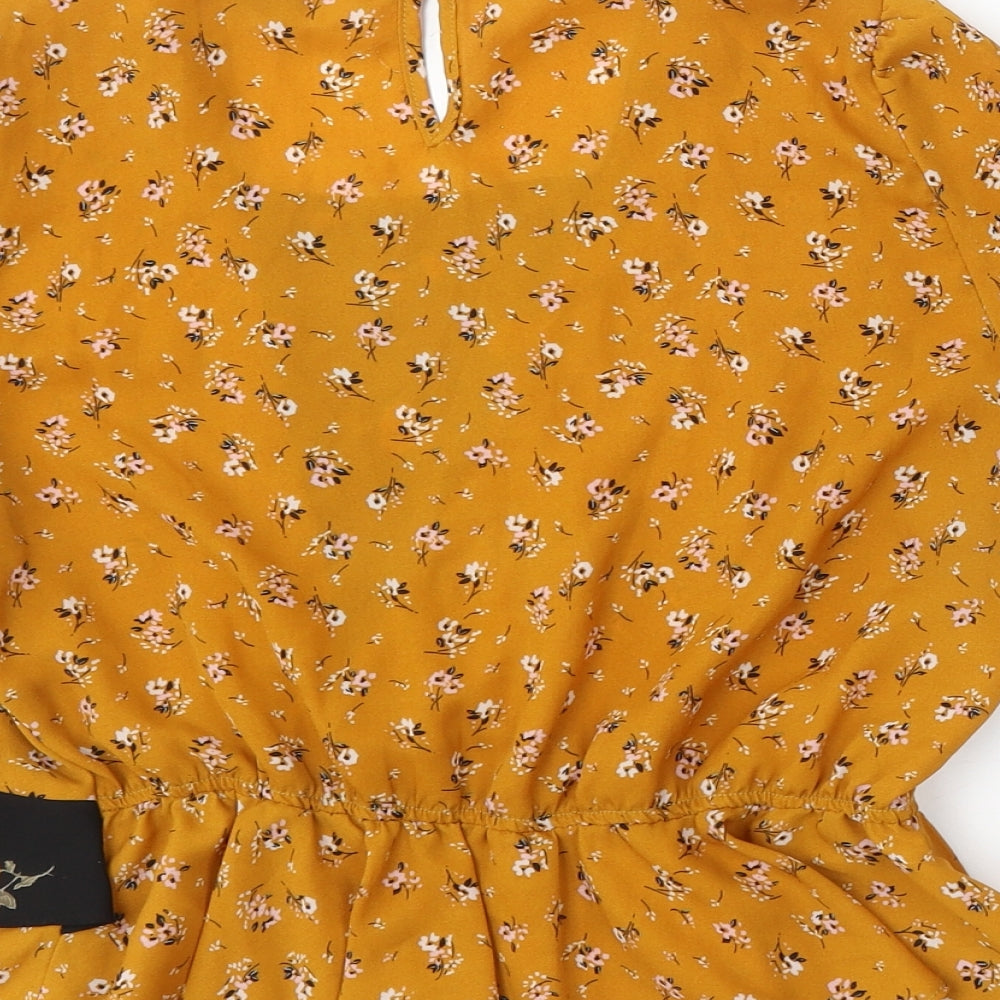 Primark Womens Yellow Floral Polyester Basic Blouse Size 10 Round Neck