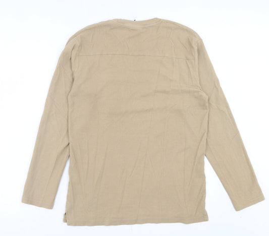 Zara Mens Brown Cotton T-Shirt Size L Crew Neck - Pocket Detail