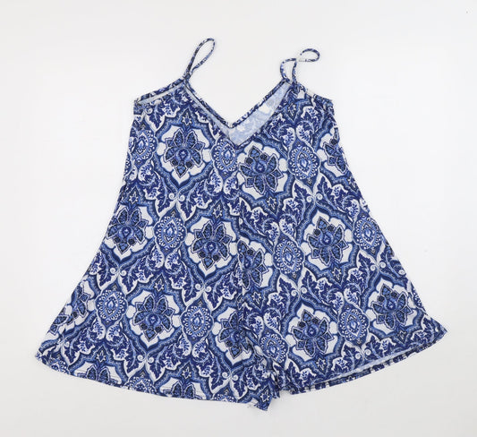 PRETTYLITTLETHING Womens Blue Geometric Polyethylene Playsuit One-Piece Size 12