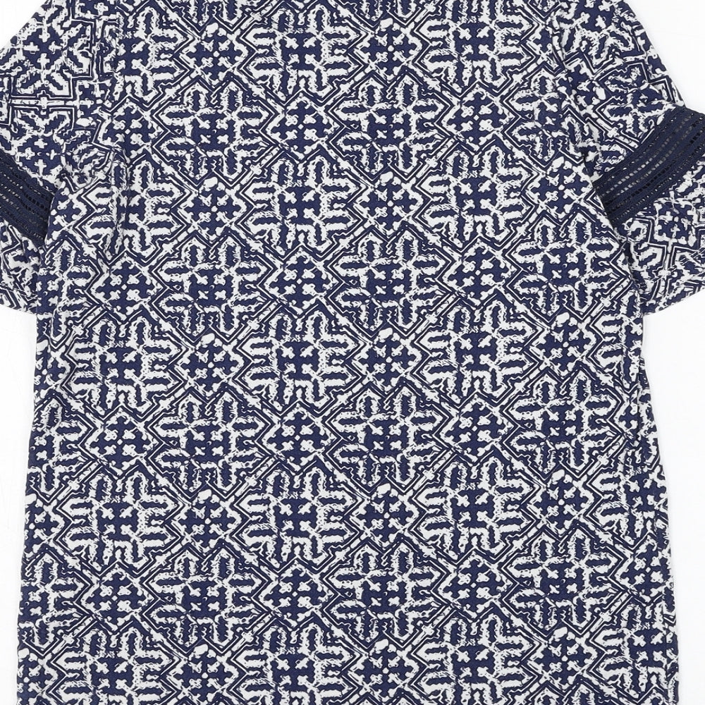 F&F Womens Blue Geometric Viscose Basic T-Shirt Size 8 Round Neck