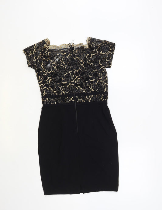 Paper Dolls Womens Black Floral Viscose Mini Size 10 Off the Shoulder Zip - Lace Detail