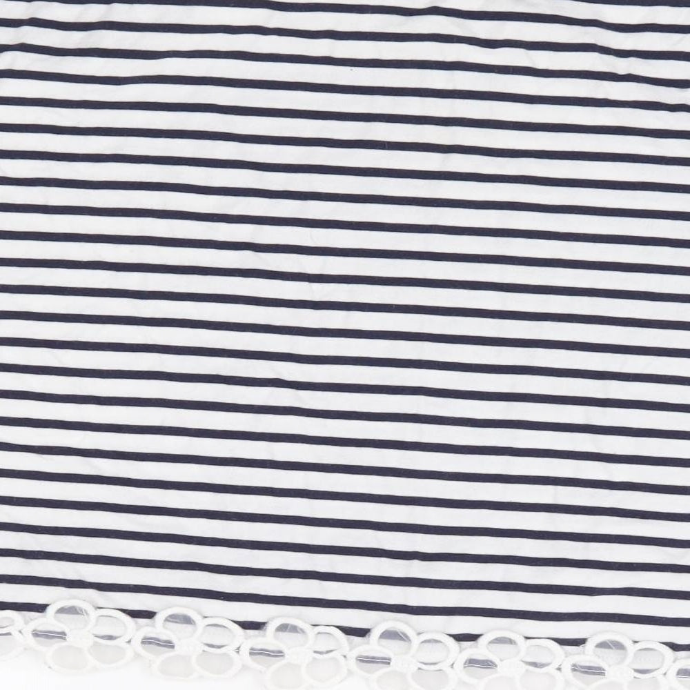 FOREVER 21 Womens Blue Striped 100% Cotton Cropped T-Shirt Size S Round Neck - Floral Embroidery Trim