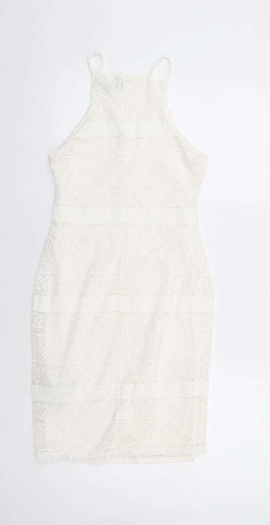 New Look Womens White Floral Nylon Bodycon Size 8 Square Neck Button