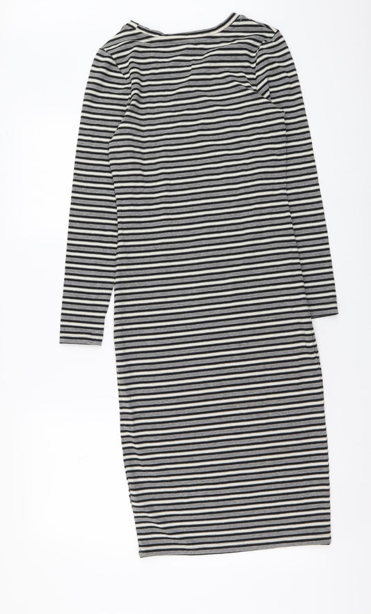 Primark Womens Grey Striped Cotton T-Shirt Dress Size 8 Round Neck Pullover