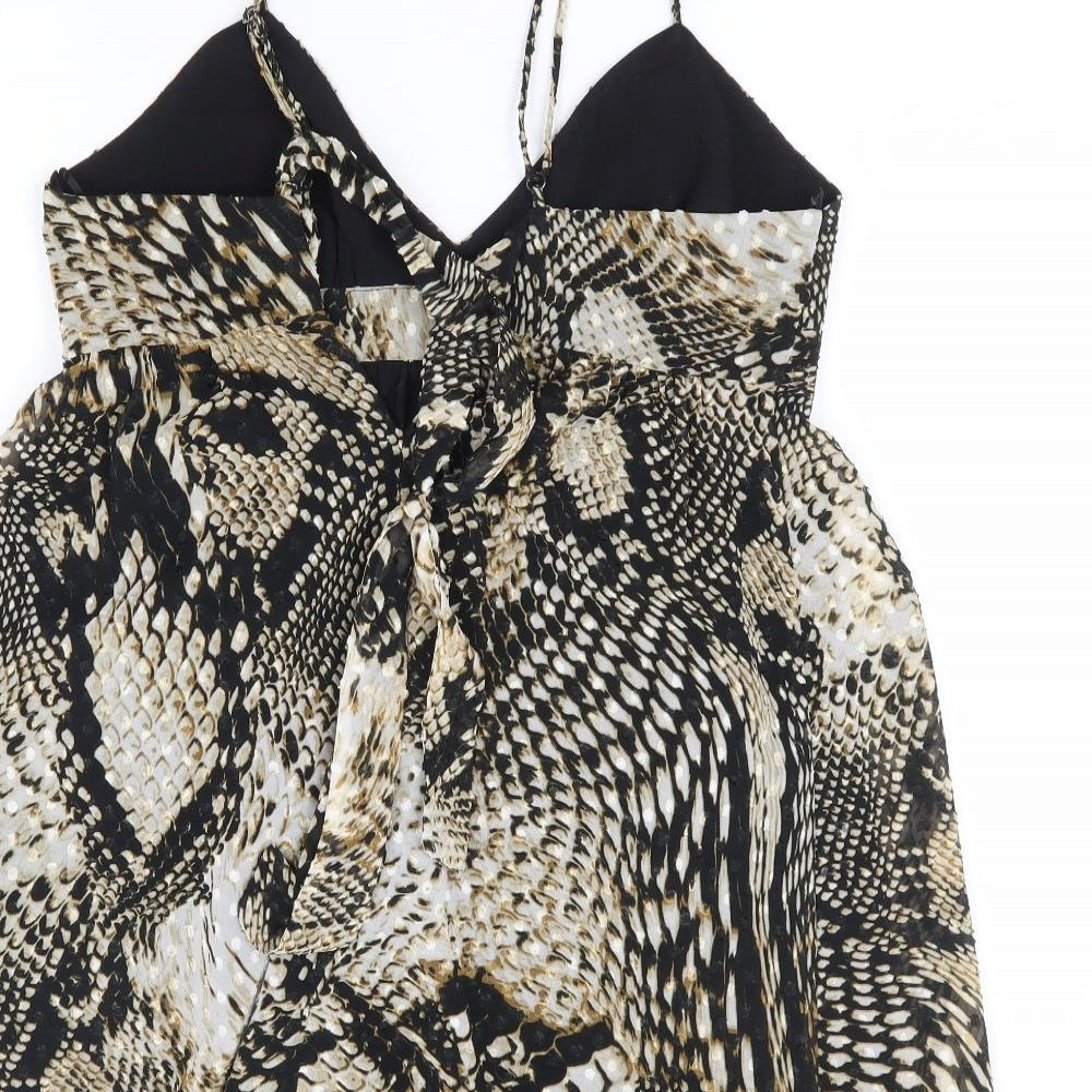 Zara Womens Beige Animal Print Polyester Fit & Flare Size XS V-Neck Tie - Snake Skin Print Babydoll