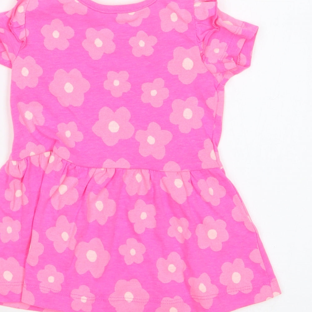 Dunnes Stores Girls Pink Geometric Cotton Skater Dress Size 6-9 Months Round Neck Pullover