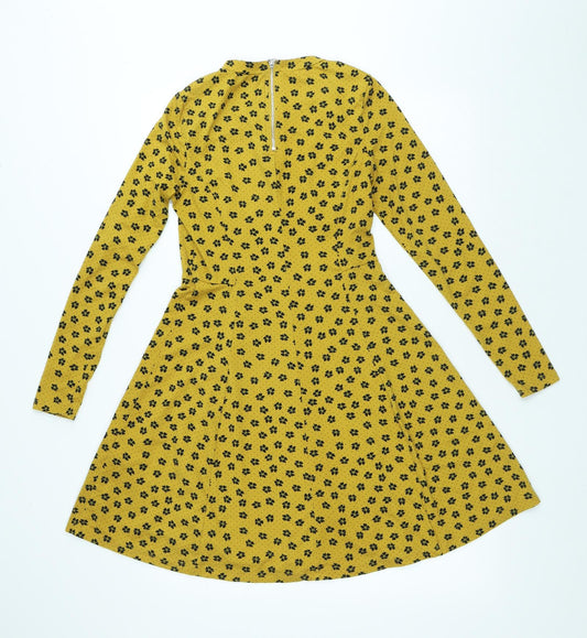 New Look Womens Yellow Geometric Polyester A-Line Size 10 Round Neck Zip