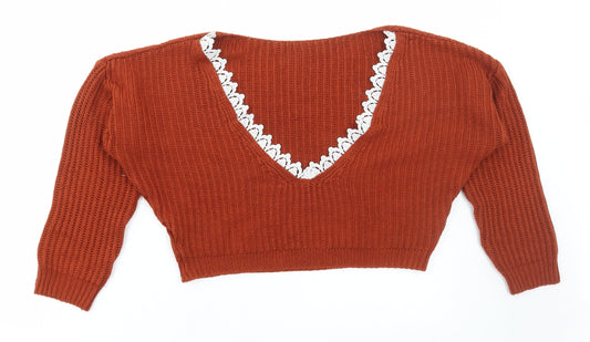 Boohoo Womens Orange Round Neck Acrylic Pullover Jumper Size S - Low back Lace Trim