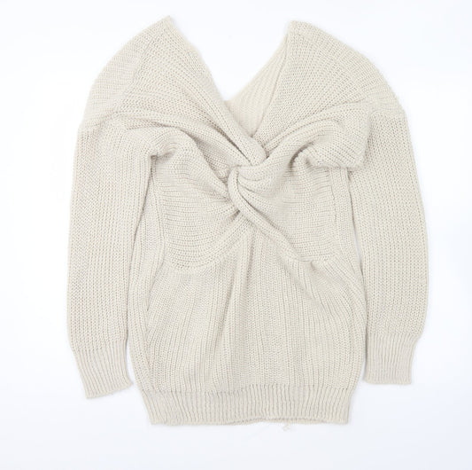 Boohoo Womens Beige V-Neck Acrylic Pullover Jumper Size S