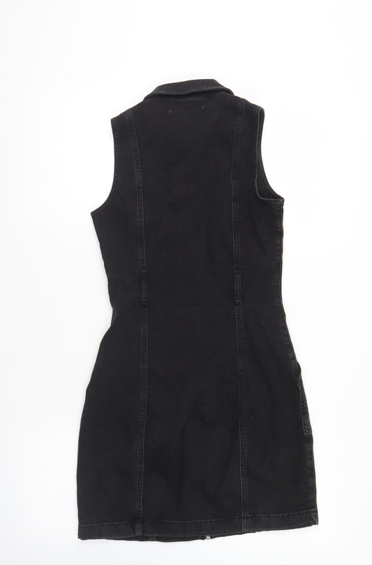 Denim & Co. Womens Black Cotton Fit & Flare Size 4 Collared Zip