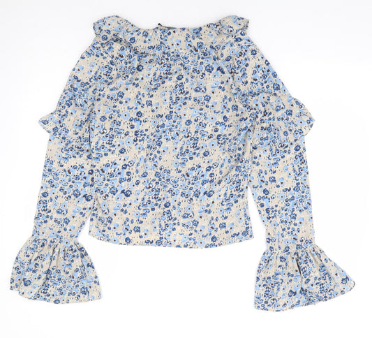 Nasty Gal Womens Blue Floral Polyester Basic Blouse Size 10 V-Neck - Bell Sleeve