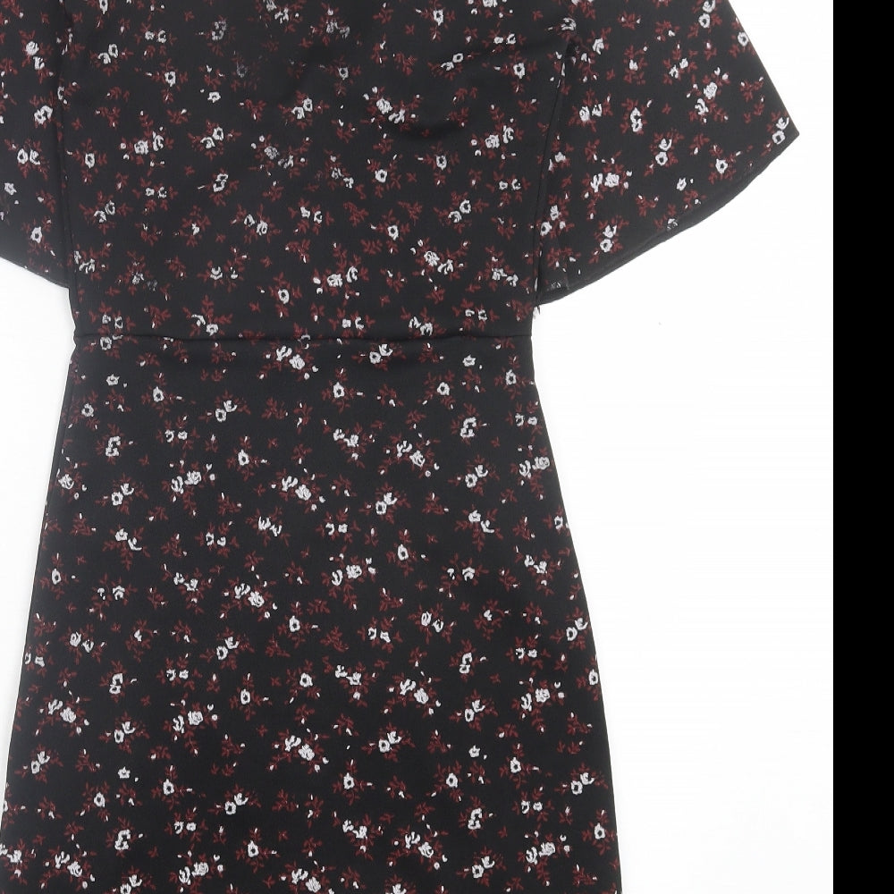 PRETTYLITTLETHING Womens Black Floral Polyester Shift Size 4 V-Neck Pullover