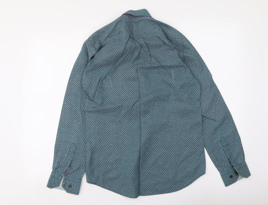 Stell & Jelly Mens Blue Geometric Cotton Button-Up Size S Collared Button