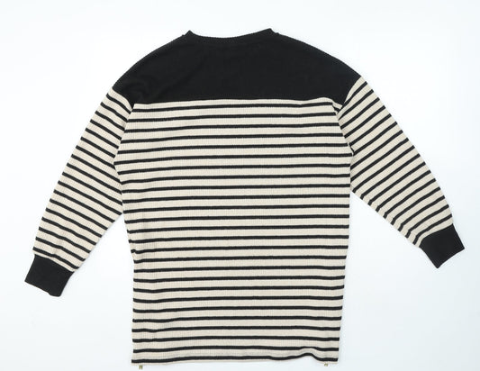 F&F Womens Black Crew Neck Striped Polyester Pullover Jumper Size 14 - Zip on sides