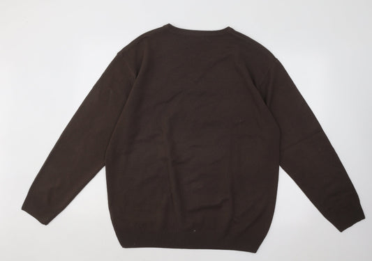 WOODVILLE Mens Brown V-Neck Acrylic Pullover Jumper Size L