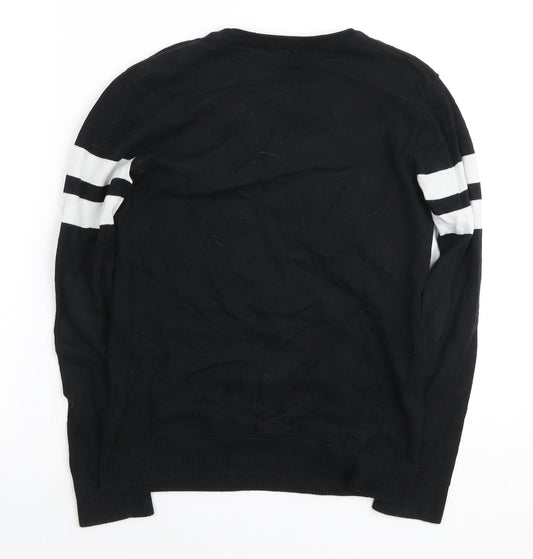 H&M Girls Black Round Neck Cotton Pullover Jumper Size 10-11 Years Pullover - stripes on sleeve