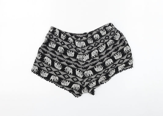 Primark Womens Black Geometric Viscose Hot Pants Shorts Size 6 Regular Drawstring