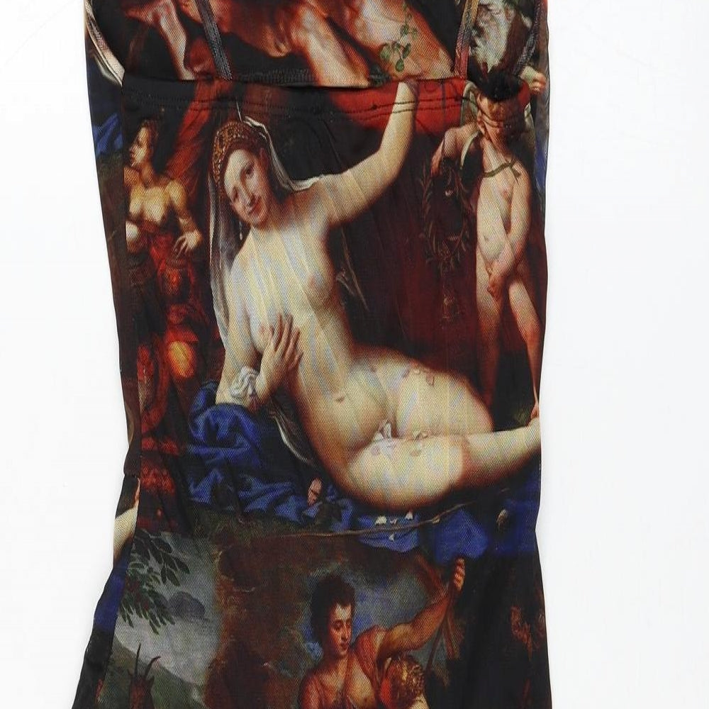 PRETTYLITTLETHING Womens Multicoloured Geometric Polyester Bodycon Size 4 Square Neck Pullover - Ruched Painting