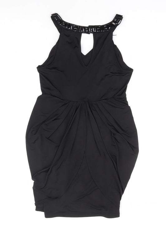 Fransa Womens Black Polyester A-Line Size M V-Neck Button