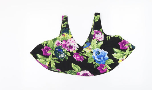 FOREVER 21 Womens Black Floral Polyester Cropped Blouse Size L Round Neck