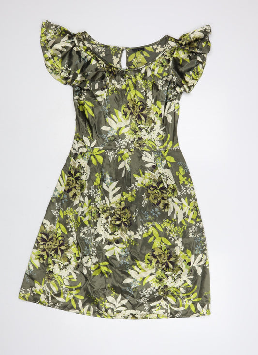 NEXT Womens Green Floral Polyester A-Line Size 6 Boat Neck Button