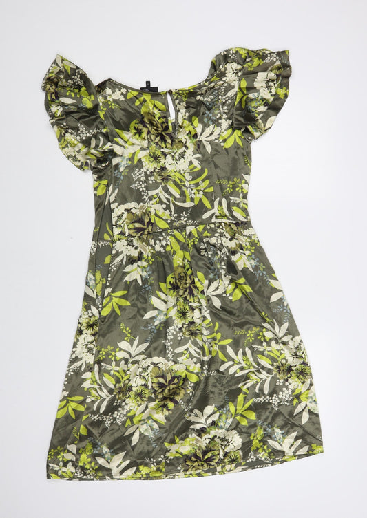 NEXT Womens Green Floral Polyester A-Line Size 6 Boat Neck Button