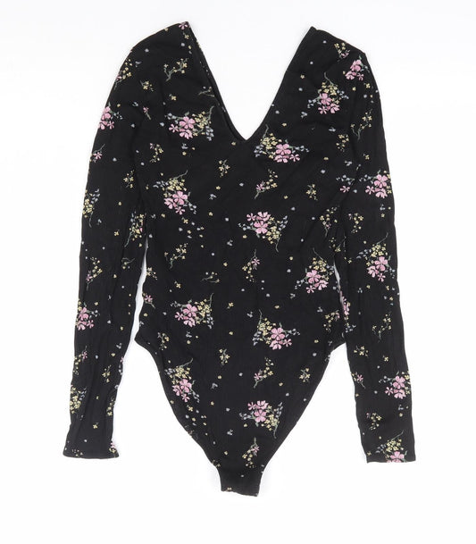 Divided by H&M Womens Black Floral Polyester Bodysuit One-Piece Size S Snap - Ribbed