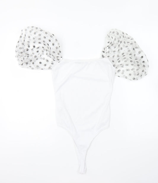 PRETTYLITTLETHING Womens White Polyester Bodysuit One-Piece Size 10 Snap - Mesh Sleeves.