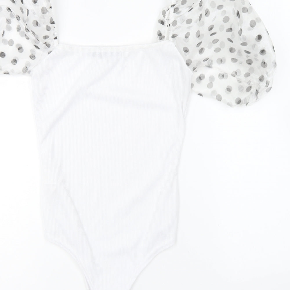 PRETTYLITTLETHING Womens White Polyester Bodysuit One-Piece Size 10 Snap - Mesh Sleeves.