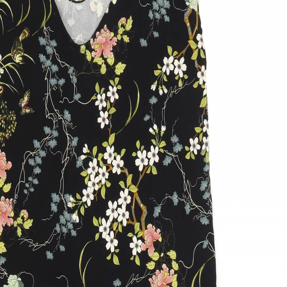 Pull&Bear Womens Black Floral Polyester Slip Dress Size S V-Neck Pullover
