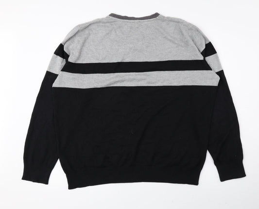 NEXT Mens Black V-Neck Striped Cotton Pullover Jumper Size L