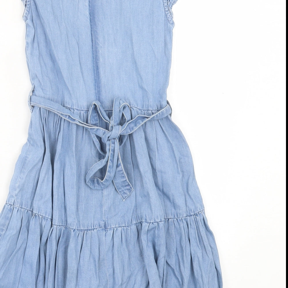 Denim & Co. Womens Blue Cotton A-Line Size 4 Crew Neck Zip