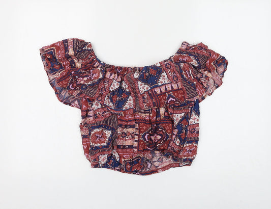 Hollister Womens Red Geometric Viscose Cropped Blouse Size M Off the Shoulder