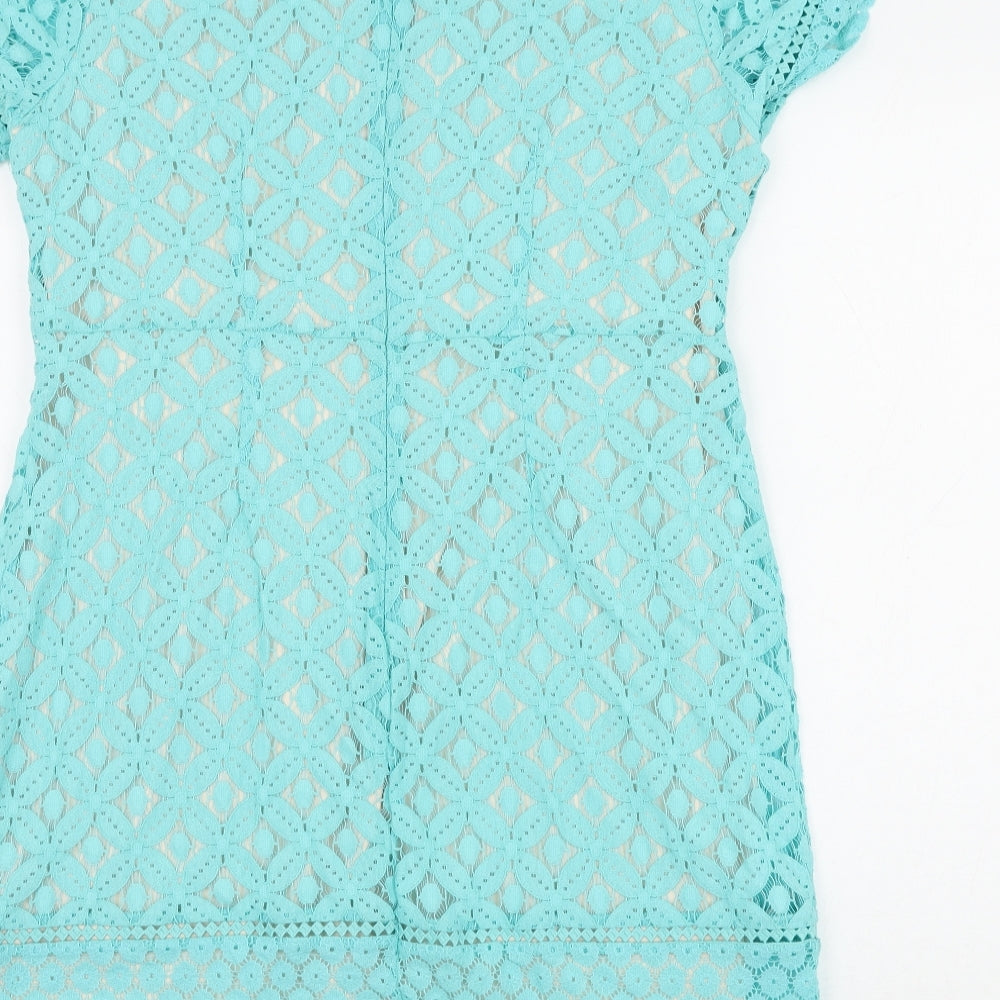 Oasis Womens Blue Geometric Cotton Shift Size L Round Neck Zip