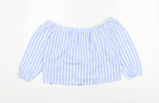 Hollister Womens Blue Striped Cotton Cropped Blouse Size S Off the Shoulder - Flower