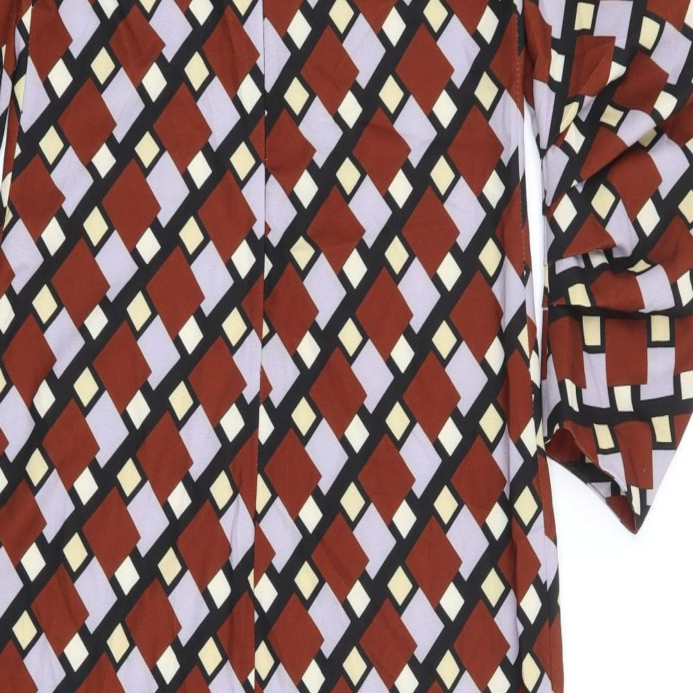Zara Womens Brown Geometric Polyester A-Line Size S Round Neck Zip