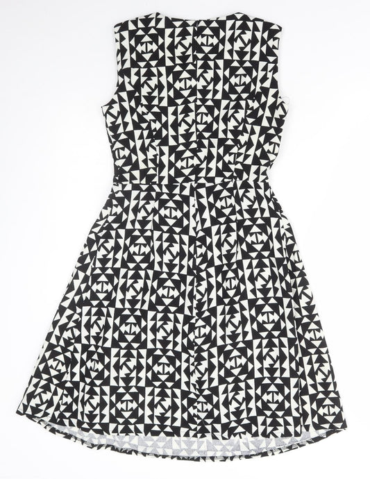 Collection Womens Black Geometric Polyester Skater Dress Size 8 Round Neck Zip