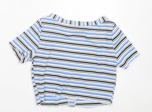 SheIn Womens Blue Striped Polyester Cropped T-Shirt Size XS V-Neck