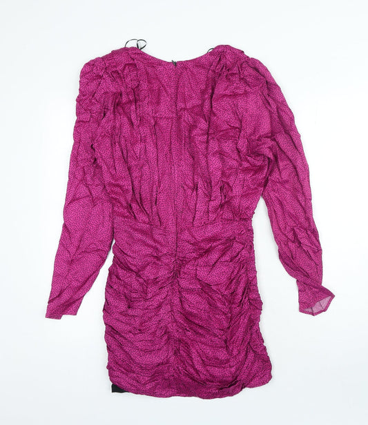Zara Womens Pink Polka Dot Viscose Bodycon Size S V-Neck Zip