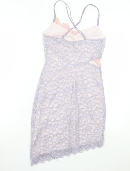 Topshop Womens Purple Floral Nylon Bodycon Size 8 V-Neck Zip