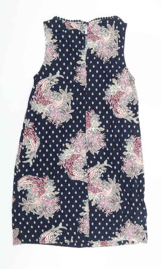 Marks and Spencer Womens Blue Floral Linen A-Line Size 8 Round Neck Button