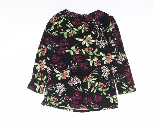 Papaya Womens Black Floral Viscose Basic Blouse Size 10 Round Neck - Side Tie Detail