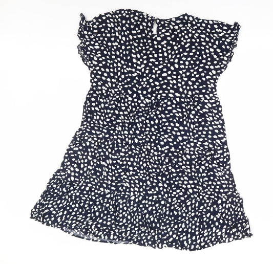 Preworn Womens Blue Geometric Polyester Fit & Flare Size L Round Neck Button - Tiered